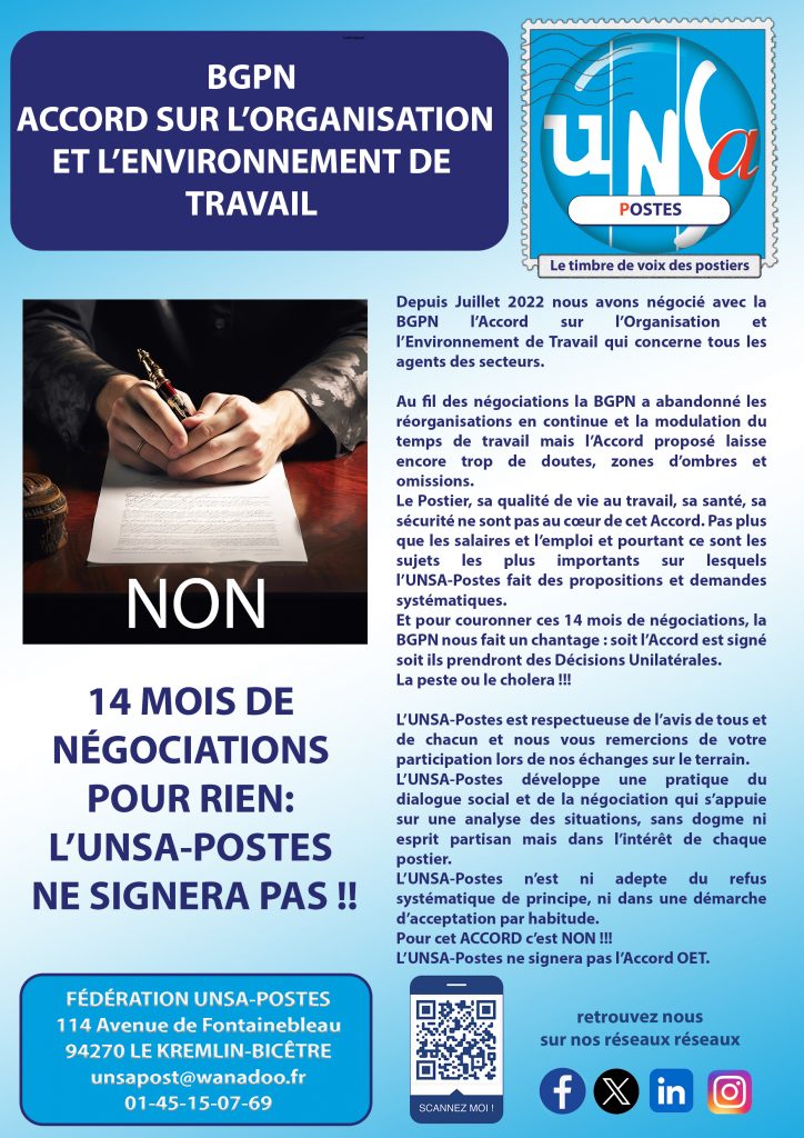 BGPN: ACCORD SUR L’ORGANISATION ET L’ENVIRONNEMENT DE TRAVAIL: L’UNSA NE SIGNERA PAS