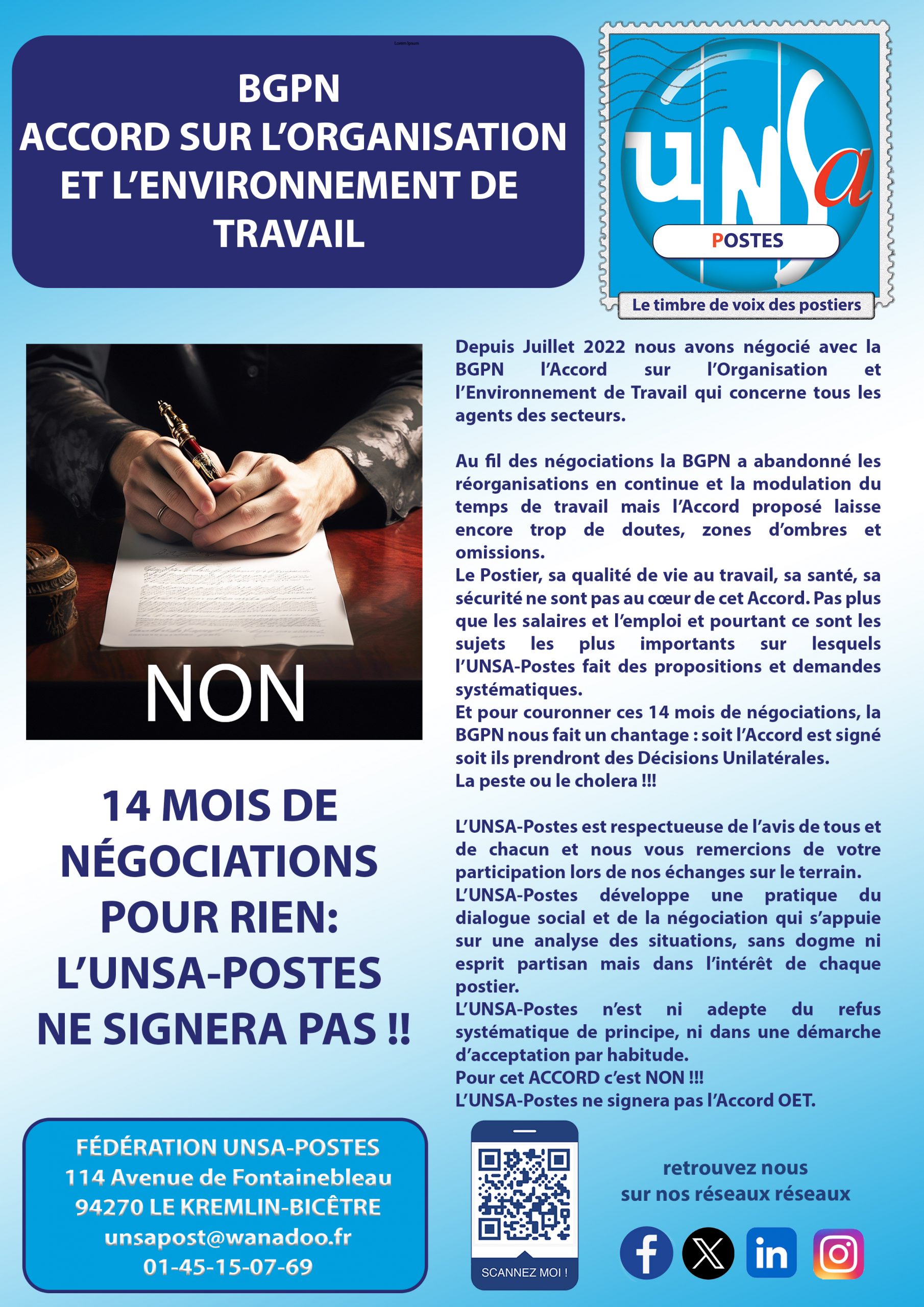 BGPN: ACCORD SUR L&rsquo;ORGANISATION ET L&rsquo;ENVIRONNEMENT DE TRAVAIL:  L&rsquo;UNSA NE SIGNERA PAS