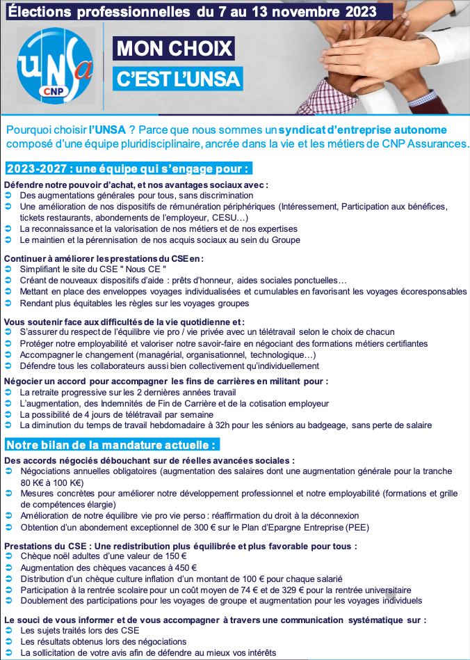 Du 7 au 13 Novembre Auront lieu les élections professionnelles à la CNP: Découvrez la liste Unsa CNP !! Voter UNSA, c&rsquo;est voter pour VOUS !!