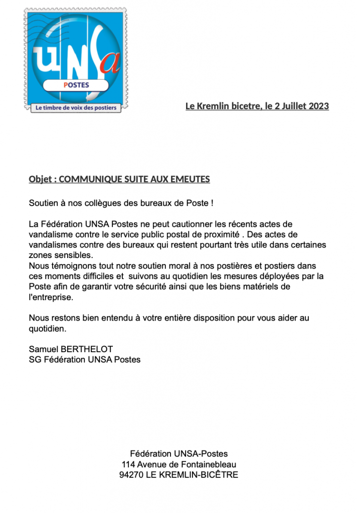 ÉMEUTES: COMMUNIQUÉ DE PRESSE DU 2 JUILLET