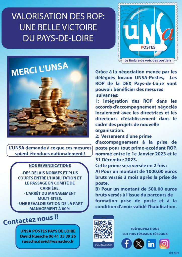 Valorisation des ROP: Une belle victoire pour l&rsquo;UNSA-Postes Pays-de-Loire.