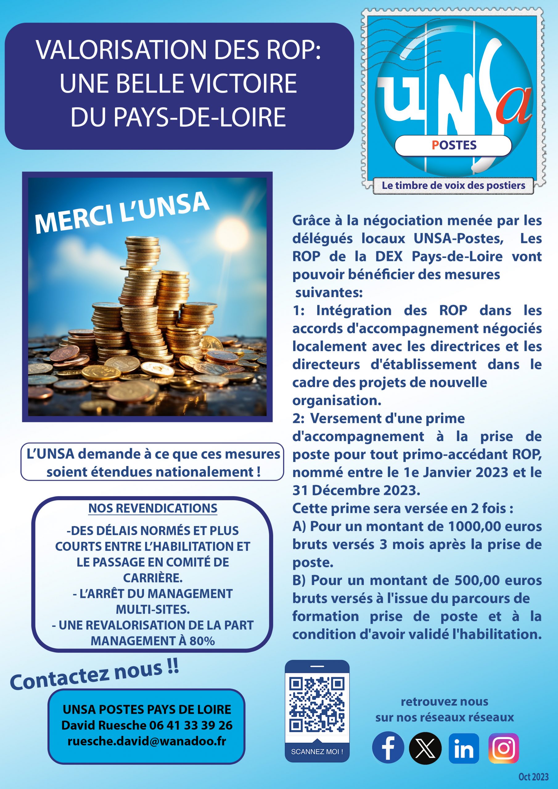 Valorisation des ROP: Une belle victoire pour l&rsquo;UNSA-Postes Pays-de-Loire.