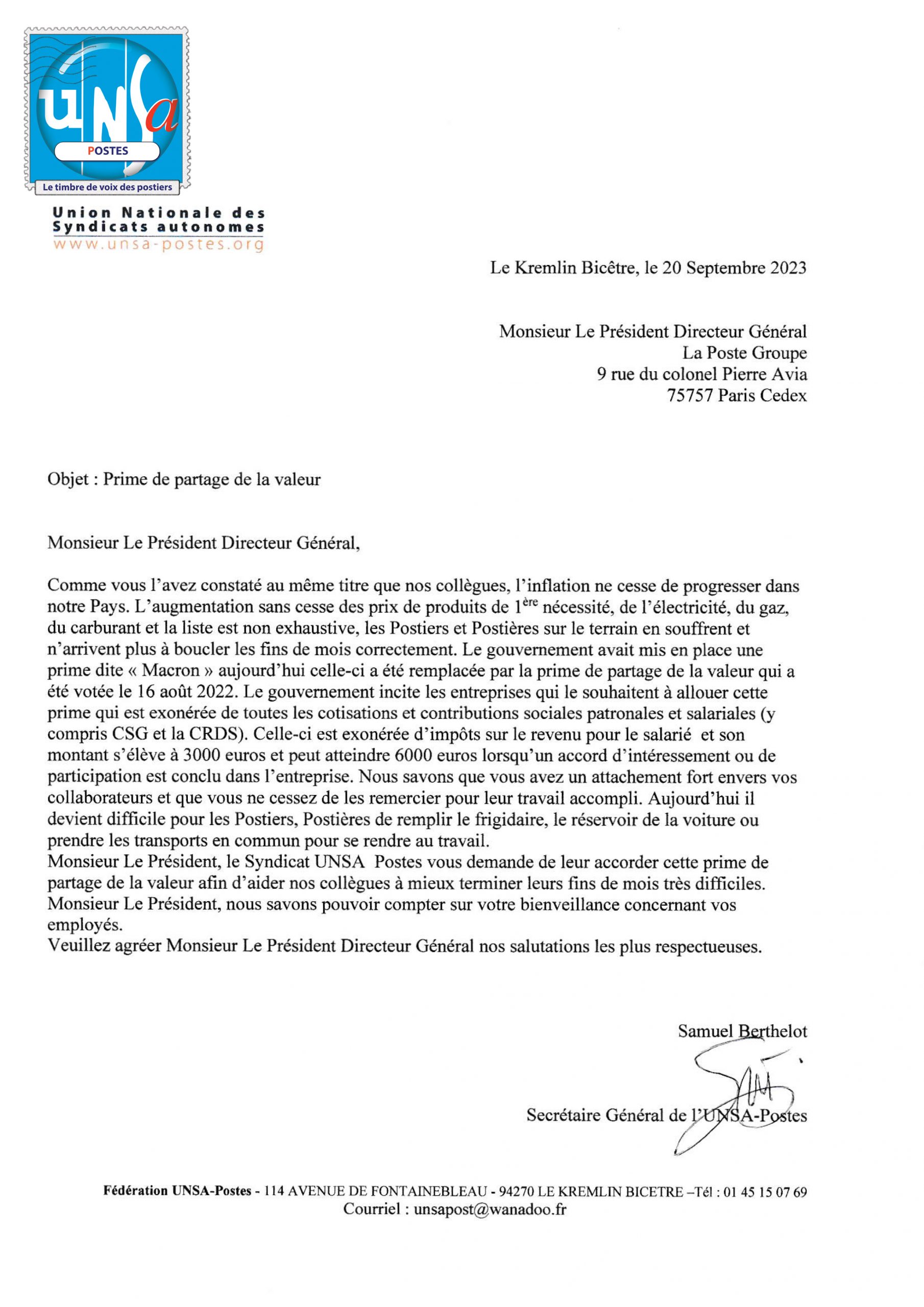 SAMUEL BERTHELOT INTERPELLE LE PDG DE LA POSTE POUR L&rsquo;OCTROI D&rsquo;UNE PRIME DE PARTAGE DE LA VALEUR