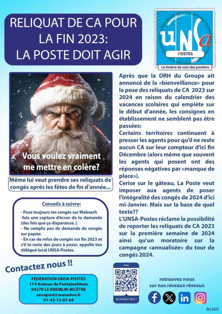 RELIQUAT DE CA 2023: l&rsquo;UNSA DEMANDE LE REPORT POUR LES AGENTS QUI NE PEUVENT POSER LEURS CONGÉS EN FIN D&rsquo;ANNÉE SUR LA PREMIERE SEMAINE DE JANVIER 2024