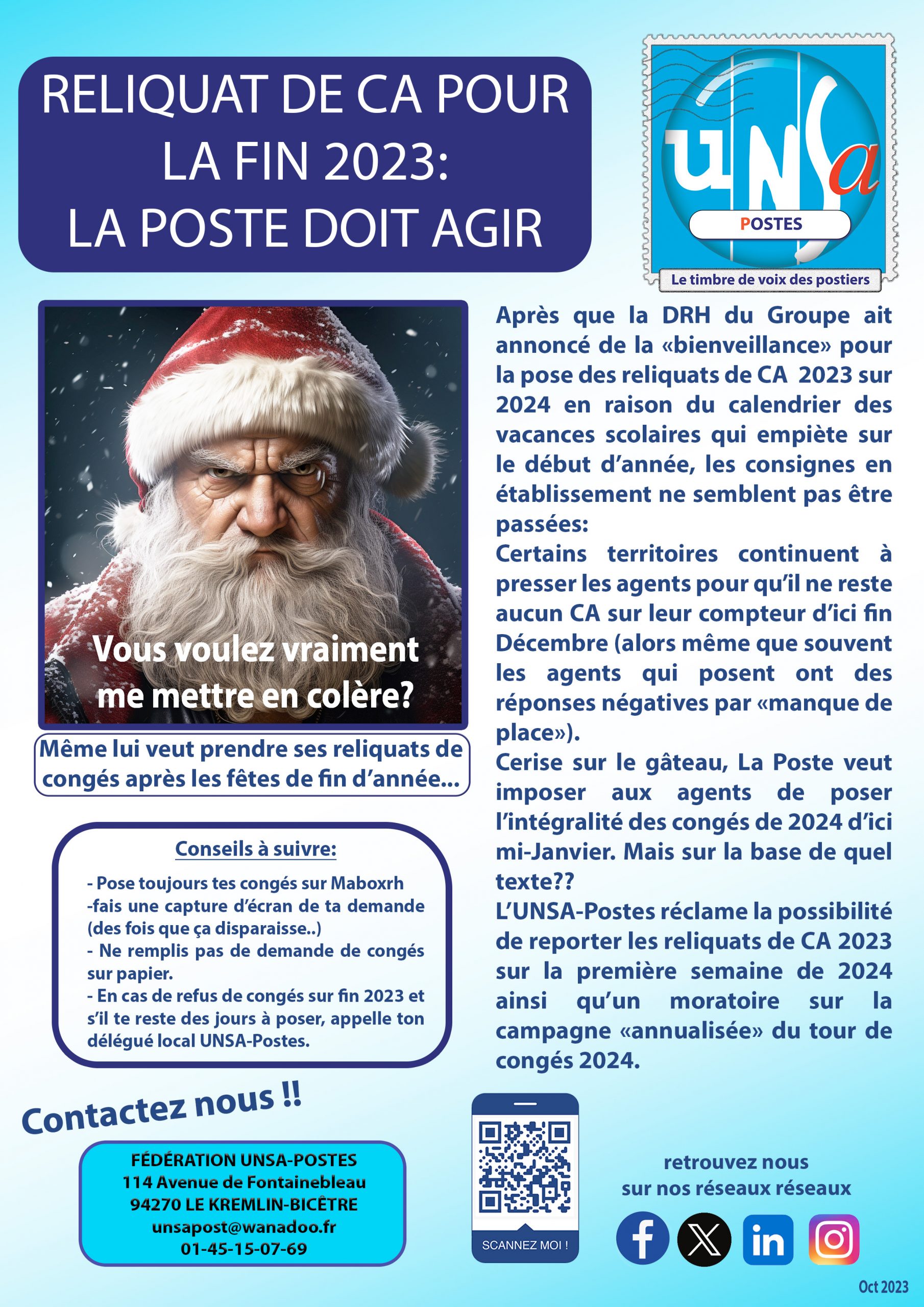 RELIQUAT DE CA 2023: l&rsquo;UNSA DEMANDE LE REPORT POUR LES AGENTS QUI NE PEUVENT POSER LEURS CONGÉS EN FIN D&rsquo;ANNÉE SUR LA PREMIERE SEMAINE DE JANVIER 2024