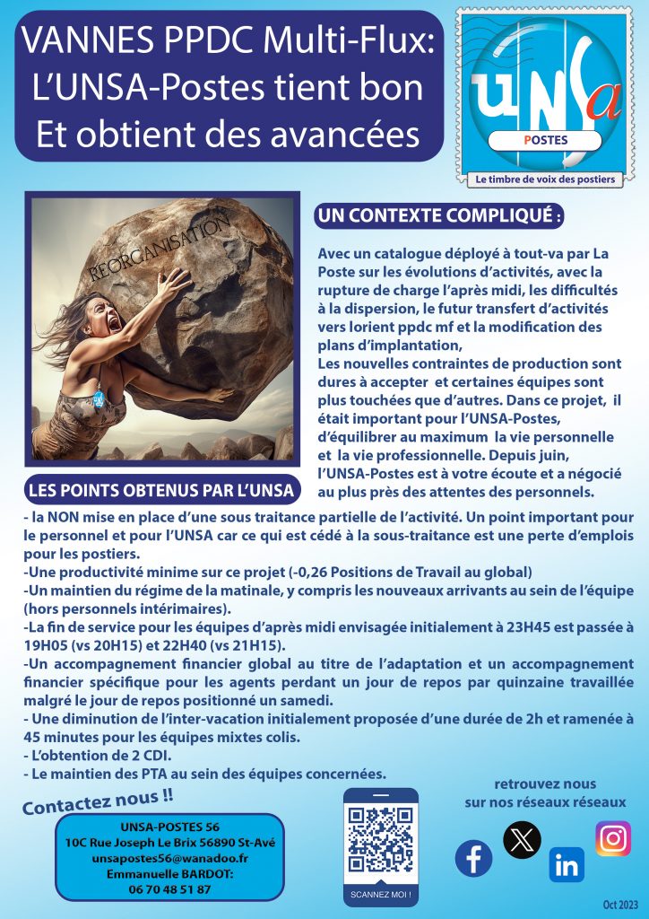 VANNES PPDC MULTI-FLUX: L&rsquo;UNSA-POSTES NE LACHE RIEN ET OBTIENT DES AVANCÉES