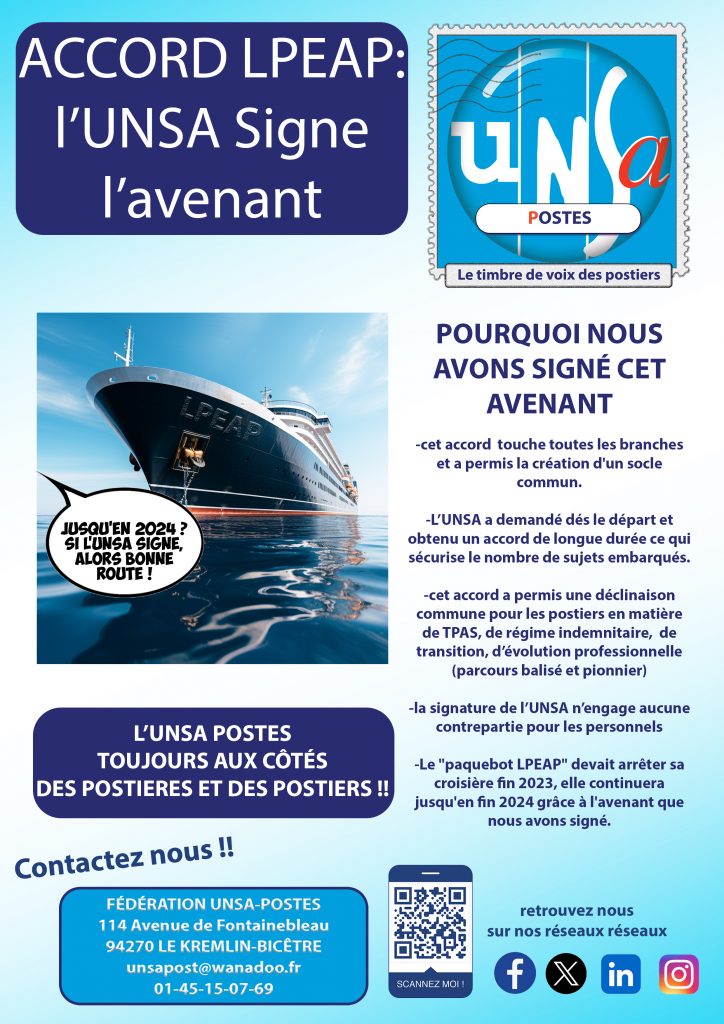 ACCORD GROUPE: LA POSTE ENGAGÉE AVEC LES POSTIERS: L&rsquo;UNSA SIGNE L&rsquo;AVENANT