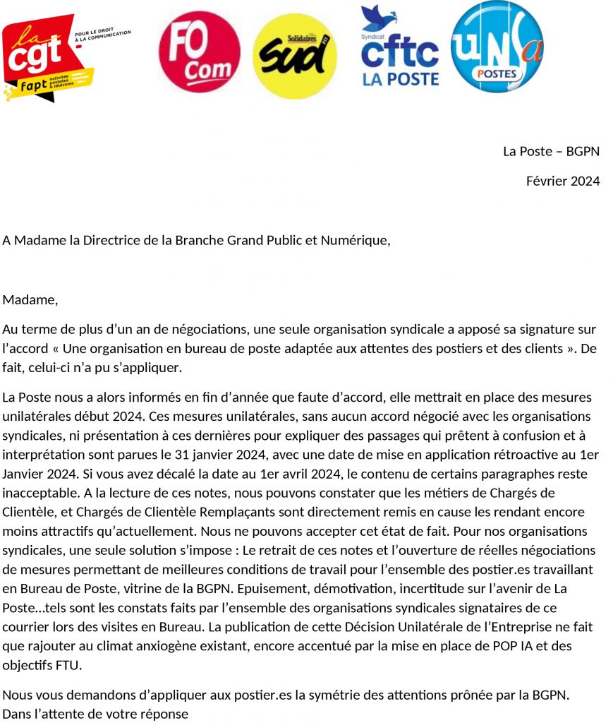 Courrier unitaire à Mme la directrice de la BGPN