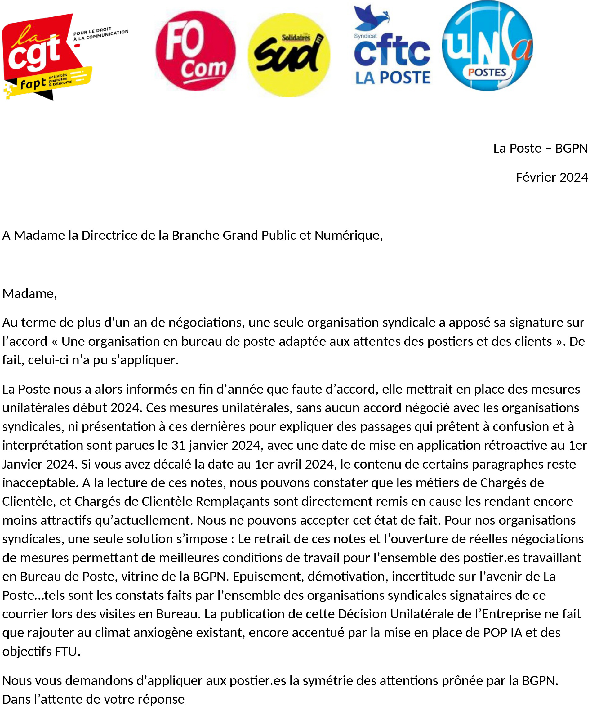 Courrier unitaire à Mme la directrice de la BGPN