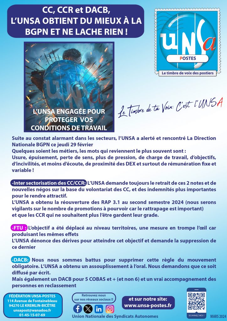 CC, CCR et DACB, L&rsquo;UNSA OBTIENT DU MIEUX ET NE LACHE RIEN !