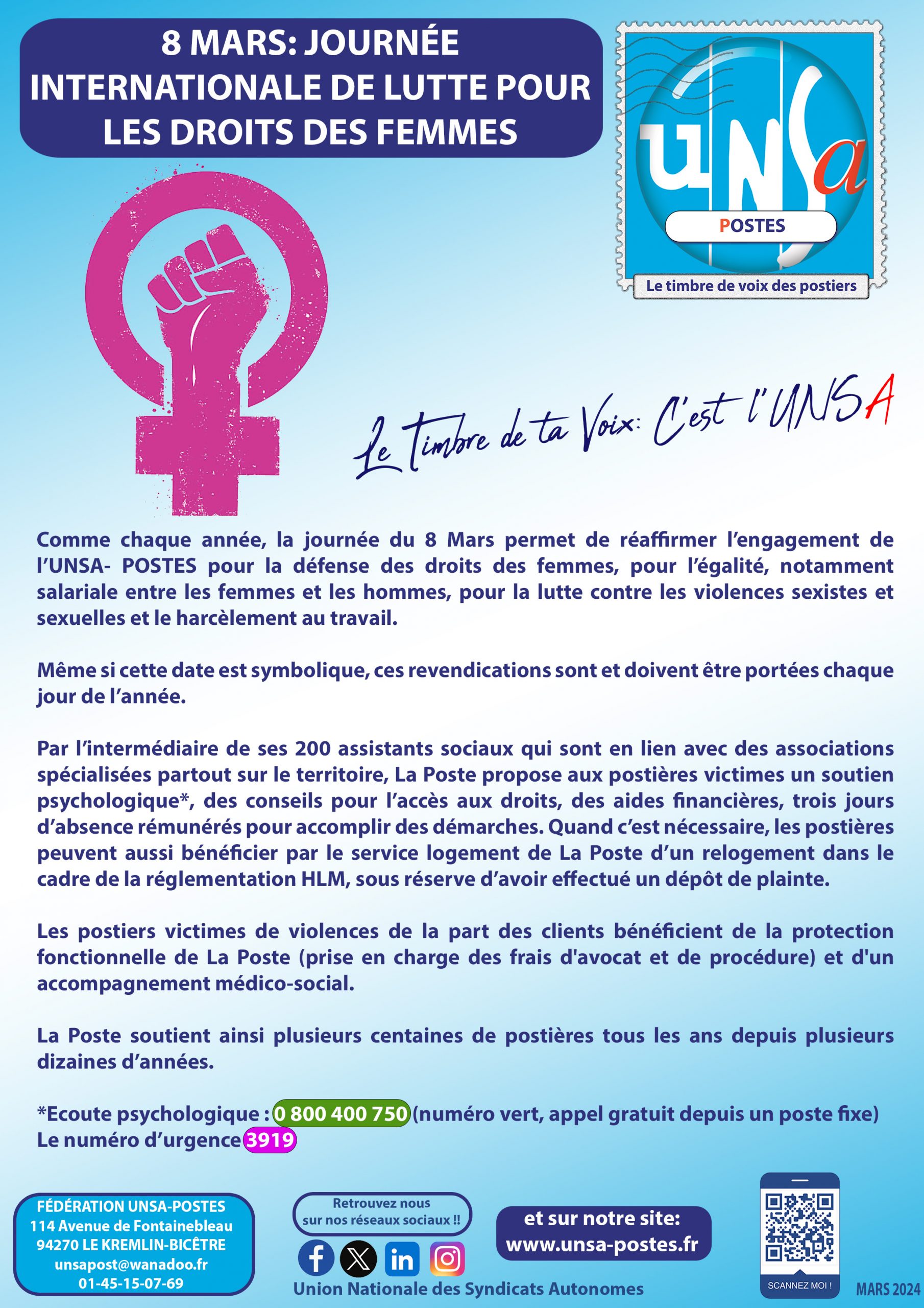 8 MARS 2024: La journée de lutte pour le droit des femmes: c&rsquo;est 365 jours/an pour l&rsquo;UNSA