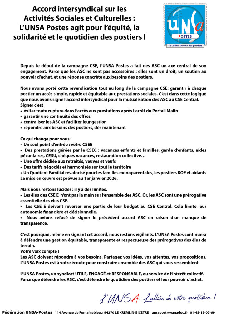 Accord intersyndical sur les Activités Sociales et Culturelles : L&rsquo;UNSA Postes agit pour l&rsquo;équité, la solidarité et le quotidien des postiers!