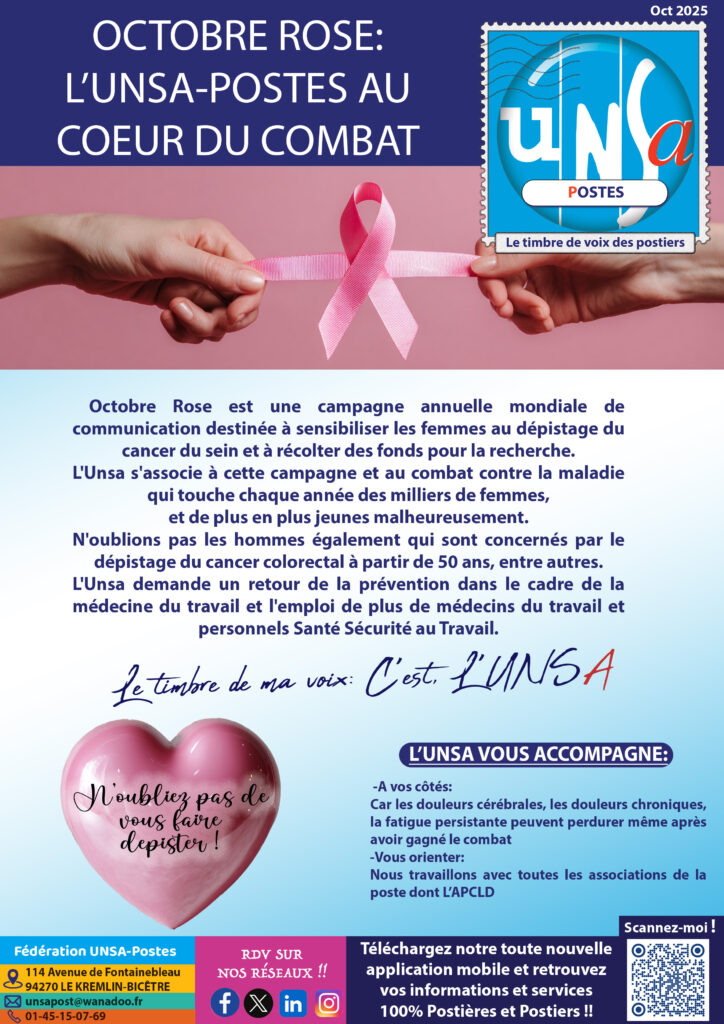 OCTOBRE ROSE: L’UNSA-POSTES AU COEUR DU COMBAT !!